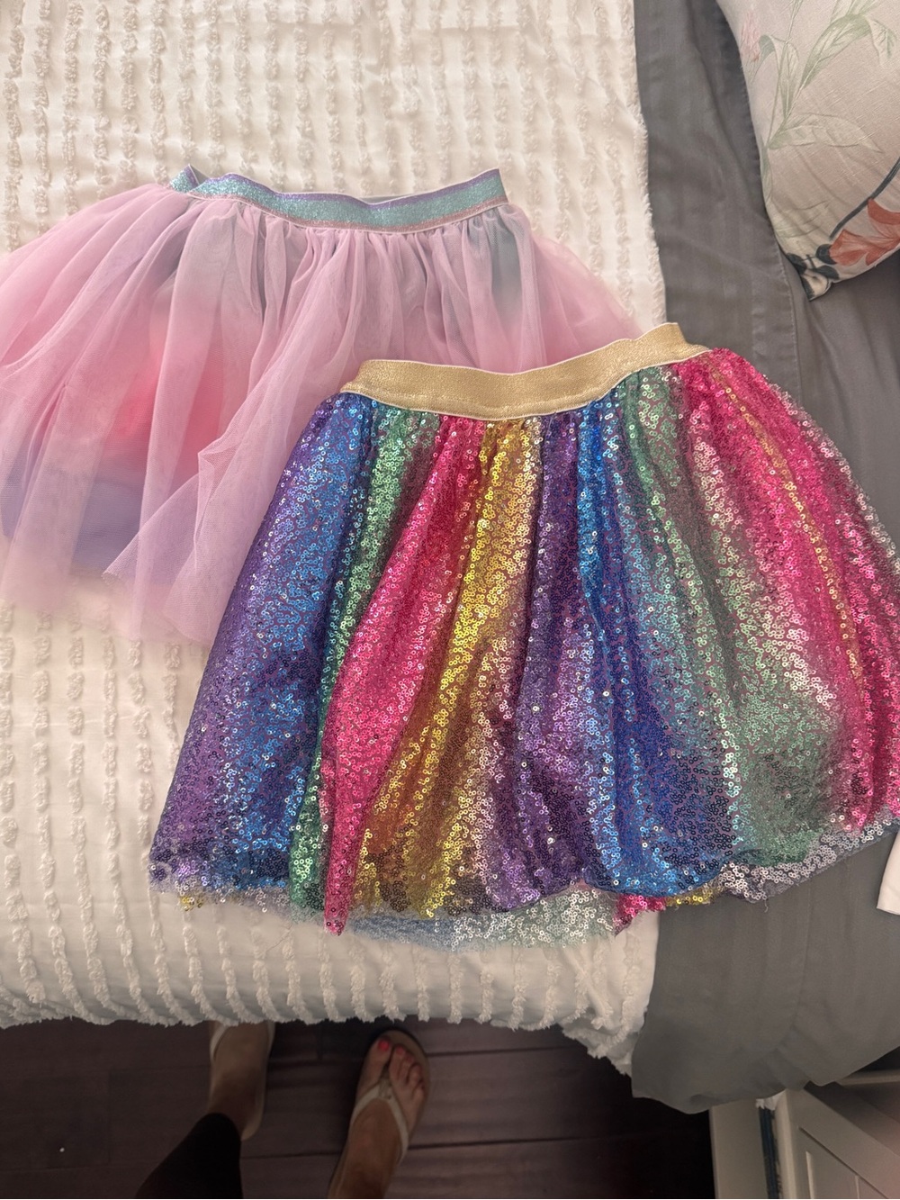 Girls' Rainbow Sequin Skirt with Gold Waistband.